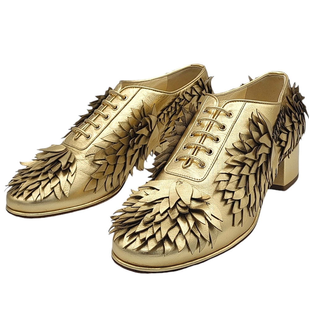 CHANEL CC Gold Fringe Leaf Leather Lace-up Shoes Oxfords 35.5 G32379